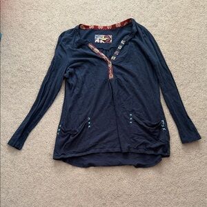 Elegant Navy Long Sleeve Top with Embroidered Details